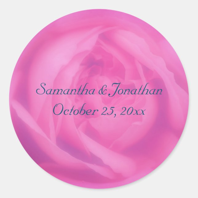 Pink Rose Petals Floral Wedding Personalized Classic Round Sticker (Front)