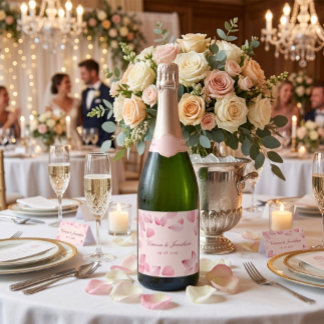 Pink Rose Petals Romantic Wedding Champagne Bottle Sparkling Wine Label