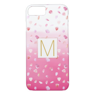 Pink Rose Petals Watercolor Ombre Gold Monogram iPhone 8/7 Case