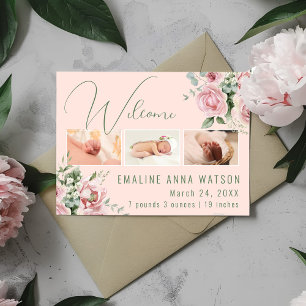 Pink Rose Photo Baby Girl Announcement Postcard