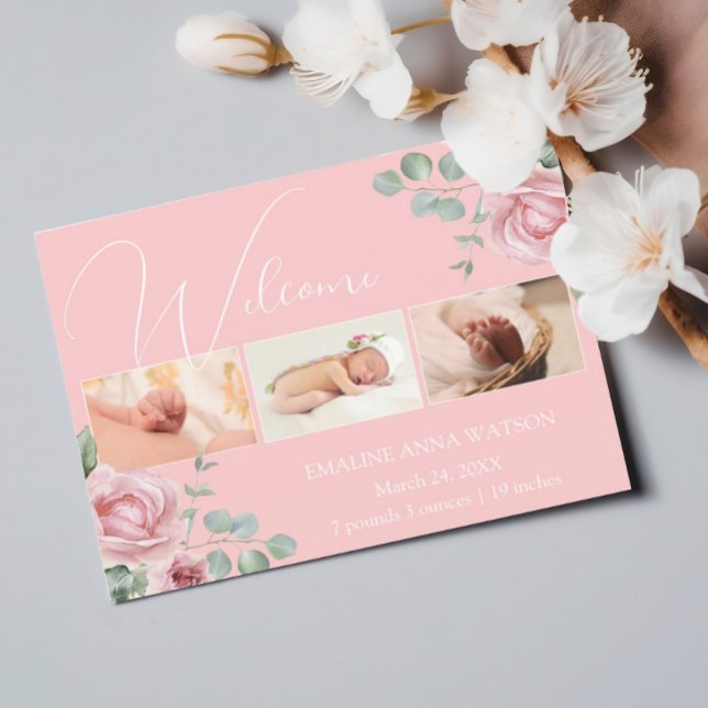 Pink Rose Photo Baby Girl Announcement Postcard (Baby girl photo birth announcement with pink roses)