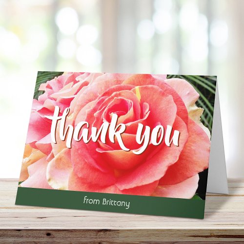 Pink rose photo bold stylish custom name script thank you card