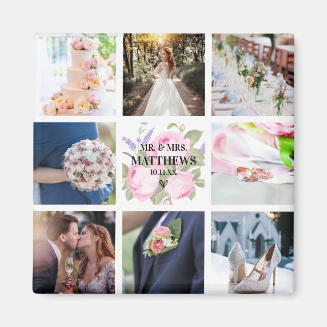 Pink Rose Photo Collage Magnet Wedding Favor (Front)