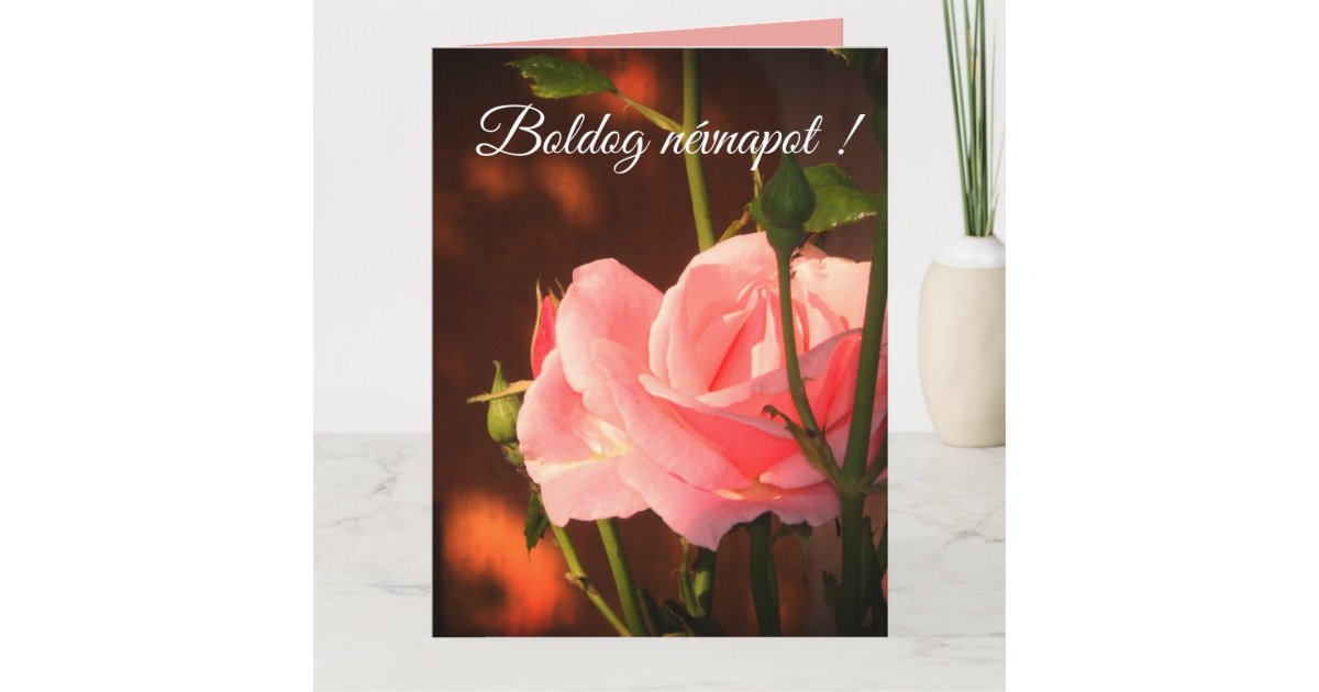 Pink rose photo Hungarian name day Card Zazzle