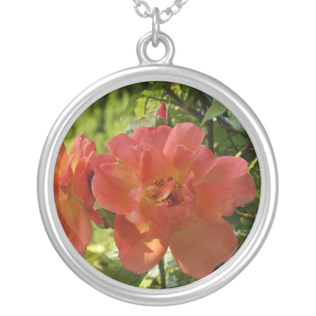 Pink Rose Photo Large Silver Plated Round Necklace (Front)
