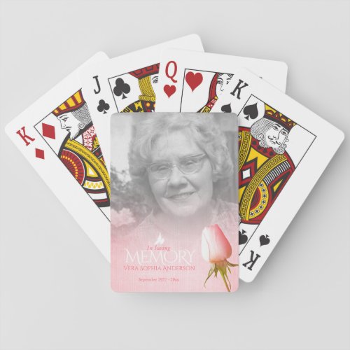Pink rose photo remembrance custom name dates playing cards