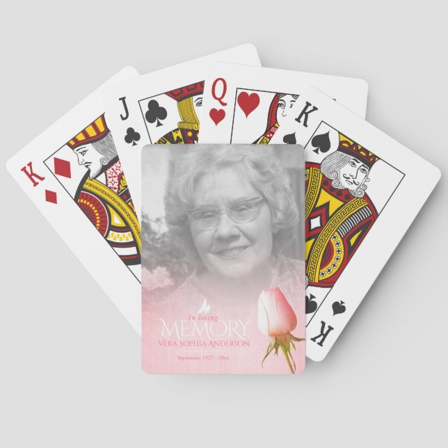 Pink rose photo remembrance custom name dates poker cards (Back)
