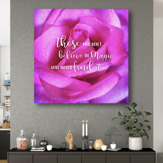Pink Rose Photograph Believe In Magic Quote Script Canvas Print (Creator Uploaded)