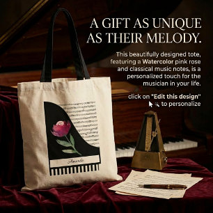 Pink rose piano personalized music tote bag