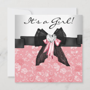 Pink Rose Pink Black Baby Girl Shower Invitation