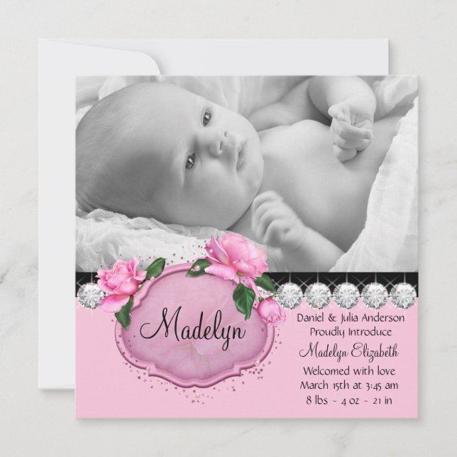 Pink Rose Pink Black Birth Announcement (Front)