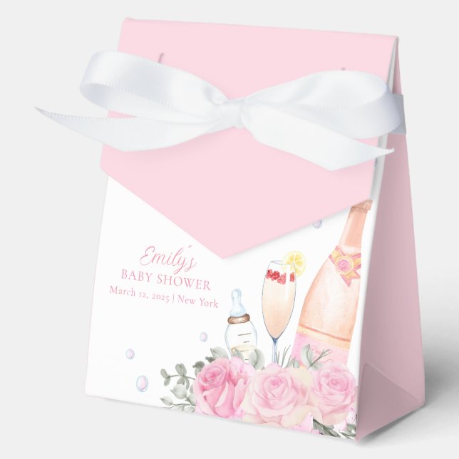 Pink Rose Poppin Champagne Bottles Baby Shower Favor Boxes (Front)