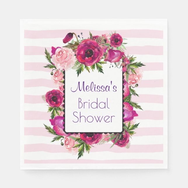 Pink Rose & Poppy Floral Bouquet Bridal Shower Napkins (Front)