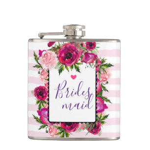 Pink Rose & Poppy Floral Bouquet Bridesmaid Flask