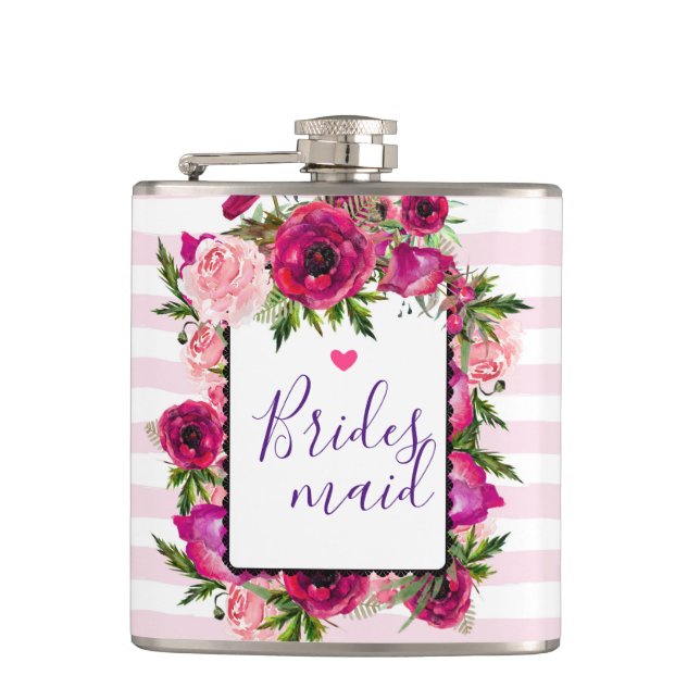 Pink Rose & Poppy Floral Bouquet Bridesmaid Flask (Front)