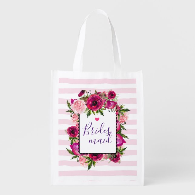 Pink Rose & Poppy Floral Bouquet Bridesmaid Grocery Bag (Front)
