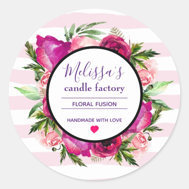 Pink Rose & Poppy Floral Bouquet Candle Business Classic Round Sticker (Front)