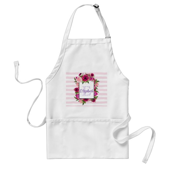 Pink Rose & Poppy Floral Bouquet Monogram Adult Apron (Front)