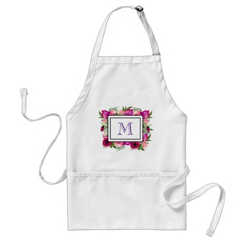 Pink Rose  Poppy Floral Bouquet Monogram Adult Apron