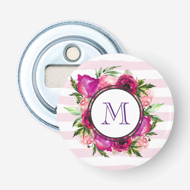 Pink Rose & Poppy Floral Bouquet Monogram Bottle Opener (Front)