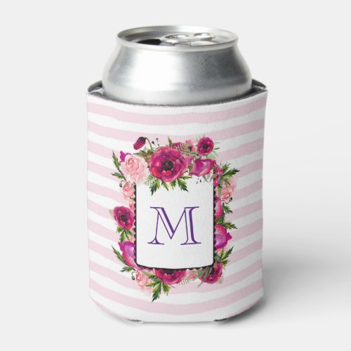 Pink Rose  Poppy Floral Bouquet Monogram Can Cooler