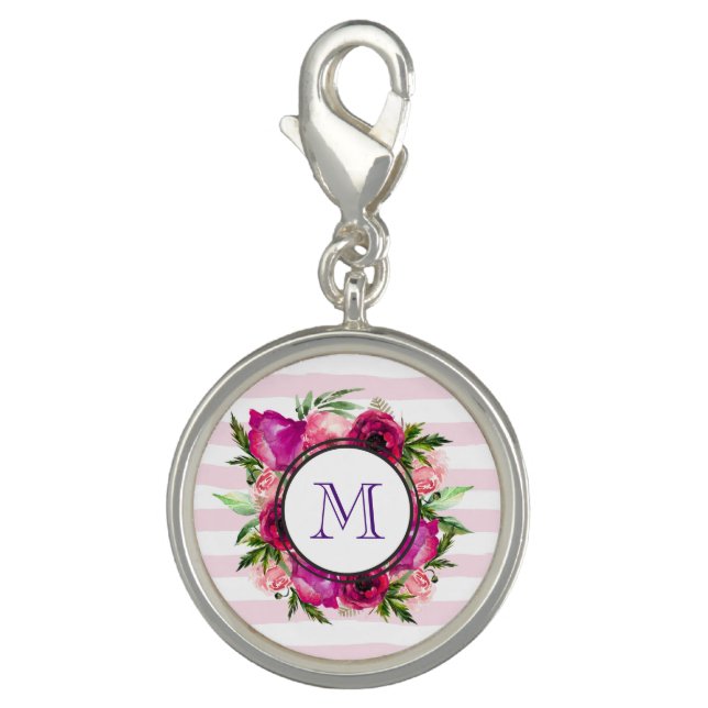 Pink Rose & Poppy Floral Bouquet Monogram Charm (Front)