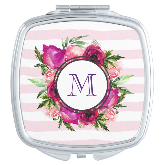Pink Rose & Poppy Floral Bouquet Monogram Compact Mirror (Front)