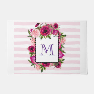 Pink Rose & Poppy Floral Bouquet Monogram Doormat