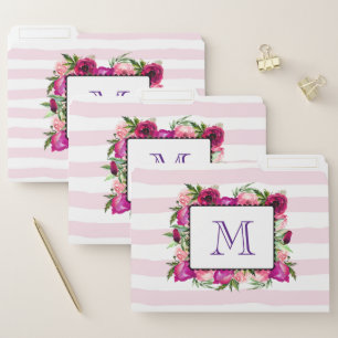 Pink Rose & Poppy Floral Bouquet Monogram File Folder