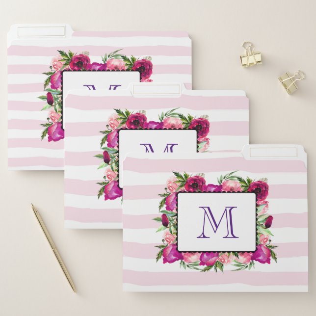 Pink Rose & Poppy Floral Bouquet Monogram File Folder (Set)