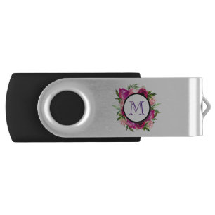 Pink Rose & Poppy Floral Bouquet Monogram Flash Drive