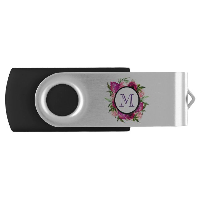 Pink Rose & Poppy Floral Bouquet Monogram Flash Drive (Front)