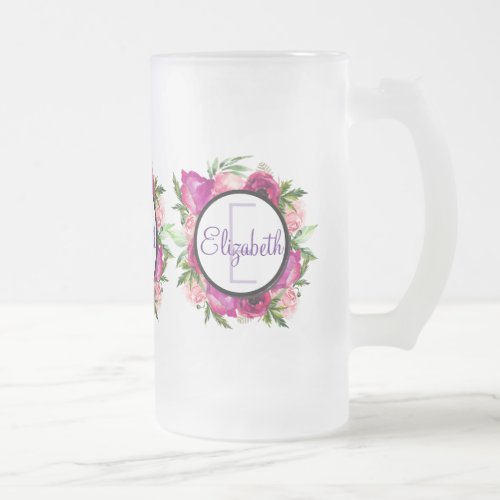 Pink Rose  Poppy Floral Bouquet Monogram Frosted Glass Beer Mug