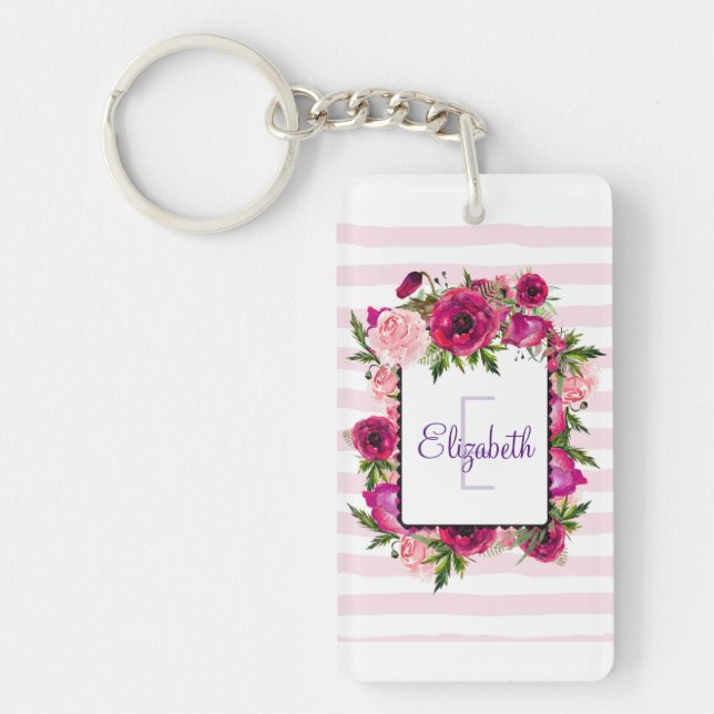 Pink Rose & Poppy Floral Bouquet  Monogram Keychain (Front)