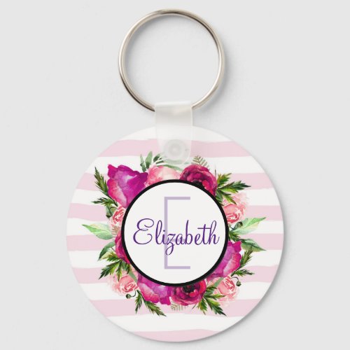 Pink Rose  Poppy Floral Bouquet Monogram Keychain