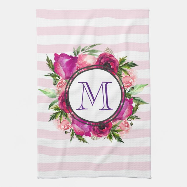 Pink Rose & Poppy Floral Bouquet Monogram Kitchen Towel (Vertical)