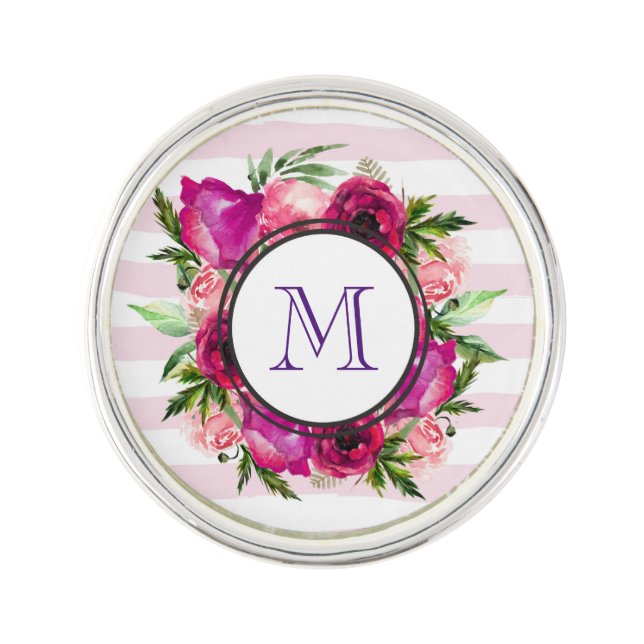 Pink Rose & Poppy Floral Bouquet Monogram Lapel Pin (Front)