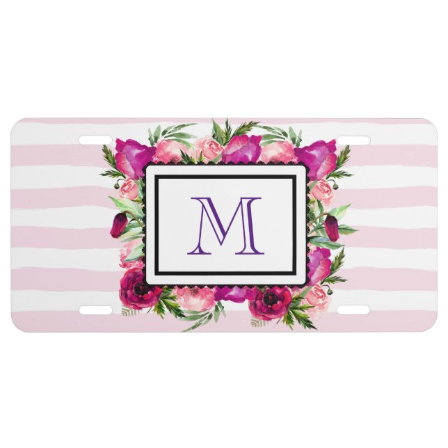Pink Rose & Poppy Floral Bouquet Monogram License Plate (Front)
