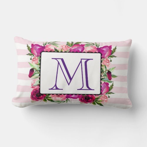 Pink Rose  Poppy Floral Bouquet Monogram Lumbar Pillow