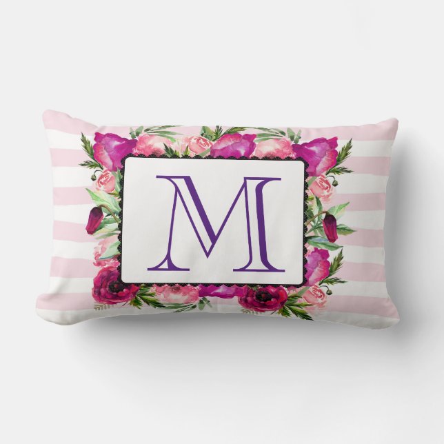 Pink Rose & Poppy Floral Bouquet Monogram Lumbar Pillow (Front)