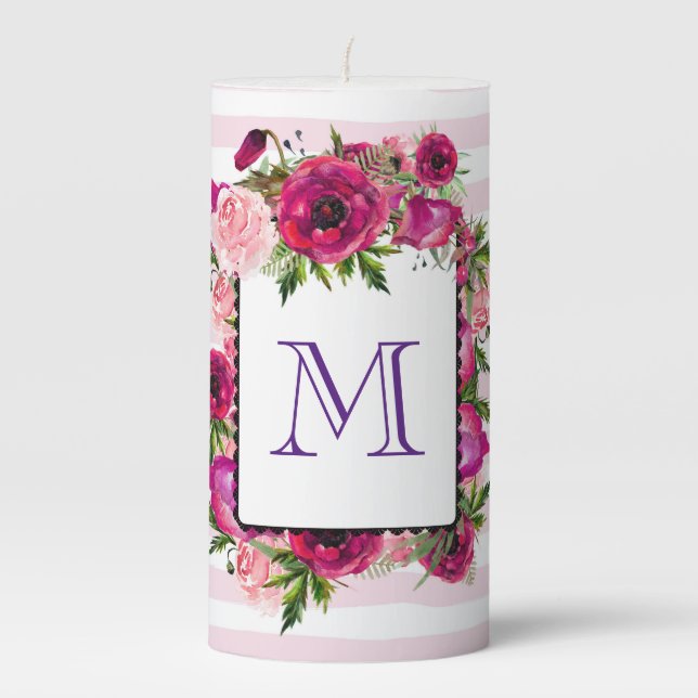 Pink Rose & Poppy Floral Bouquet Monogram Pillar Candle (Front)