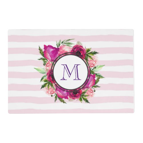 Pink Rose  Poppy Floral Bouquet Monogram Placemat