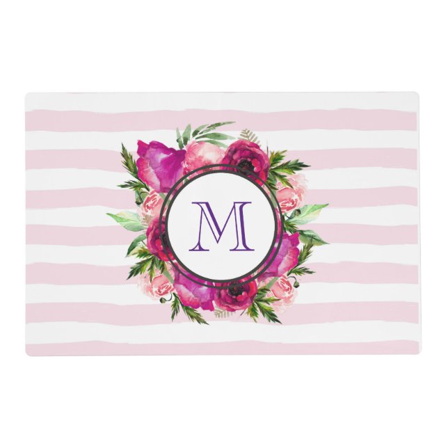 Pink Rose & Poppy Floral Bouquet Monogram Placemat (Front)