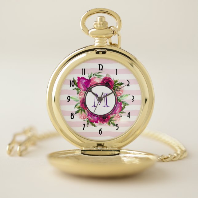 Pink Rose & Poppy Floral Bouquet Monogram Pocket Watch (Inside)