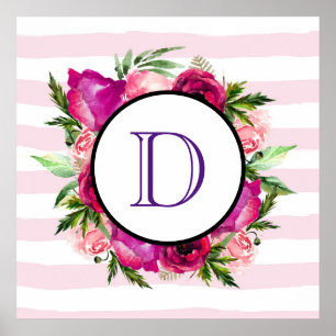 Pink Rose & Poppy Floral Bouquet Monogram Poster