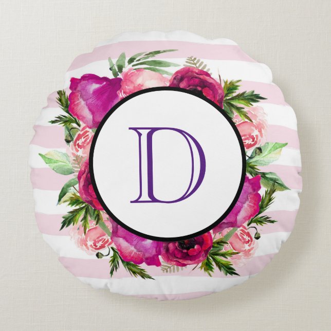 Pink Rose & Poppy Floral Bouquet Monogram Round Pillow (Front)