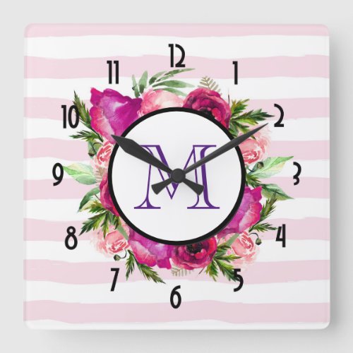 Pink Rose  Poppy Floral Bouquet Monogram Square Wall Clock