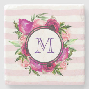 Pink Rose & Poppy Floral Bouquet Monogram Stone Coaster