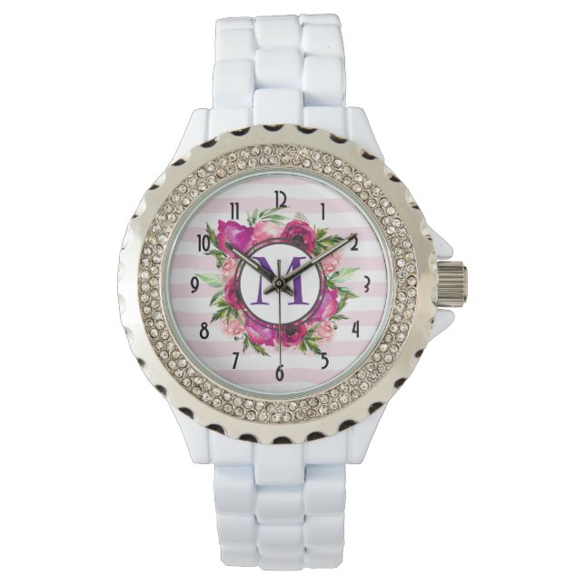 Pink Rose & Poppy Floral Bouquet Monogram Watch (Front)