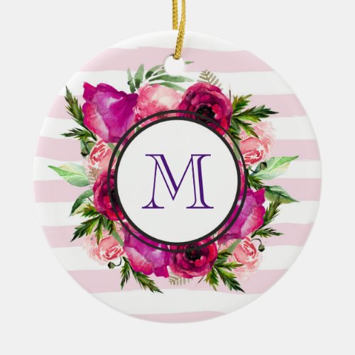 Pink Rose  Poppy Floral Bouquet on Pink Stripes Ceramic Ornament